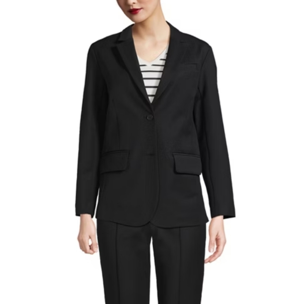 EUC Lands End Black Bi-Stretch Two Button Machine Washable Blazer‎ (12) #0583